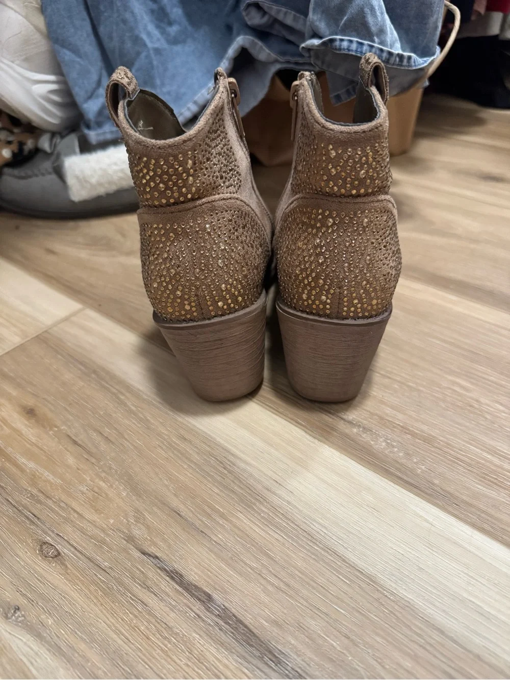 Pierre Dumas Brown Suede Ankle Booties with Gold Stud Accents